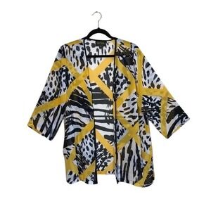 BOB MACKIE Wearable Art Large Semi Sheer Black Gold Print Open Front Kimono